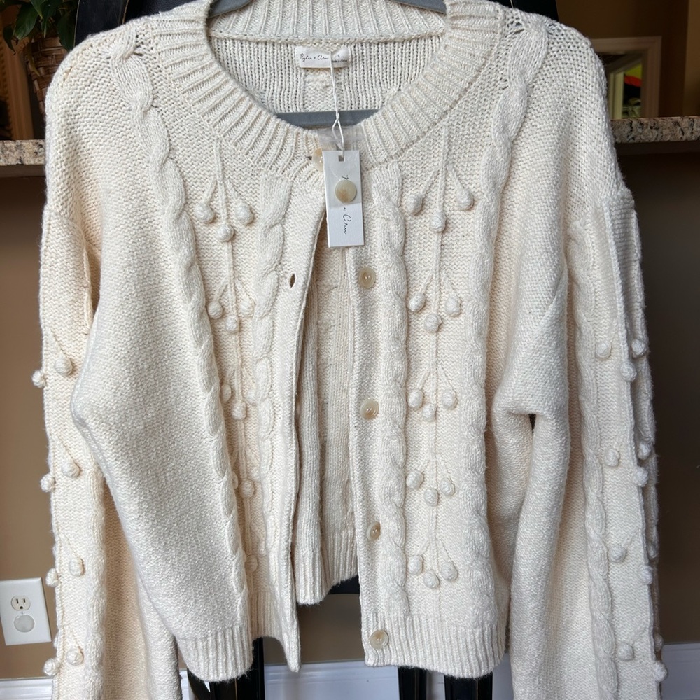 Rylee + Cru Cream Bobble Cable-Knit Button Cardigan